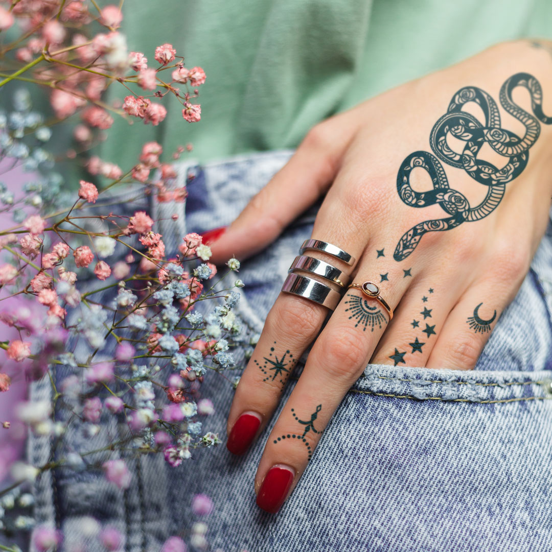 Celestial Snake Hand Tattoo Pack | Semi-Permanent Tattoo - Not a Tattoo